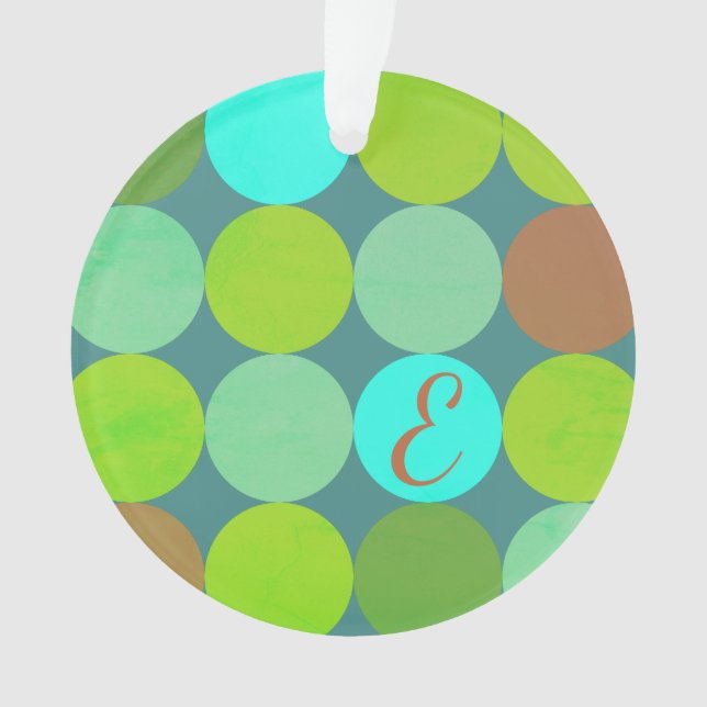 Lime Green Teal Turquoise & Rust Circles Monogram Ornament (Front)