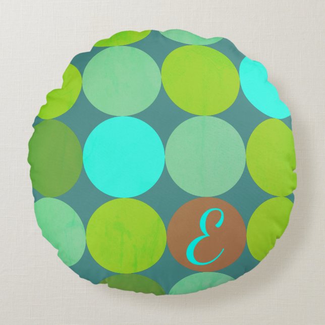 Lime Green Teal Turquoise & Rust Circles Monogram Round Pillow (Front)