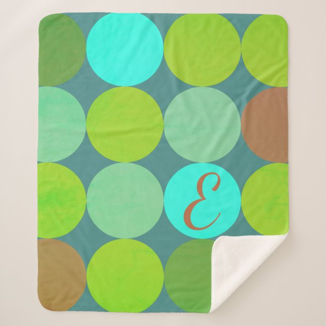 Lime Green Teal Turquoise & Rust Circles Monogram Sherpa Blanket (Front)
