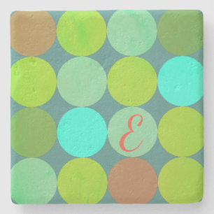 Lime Green Teal Turquoise & Rust Circles Monogram Stone Coaster