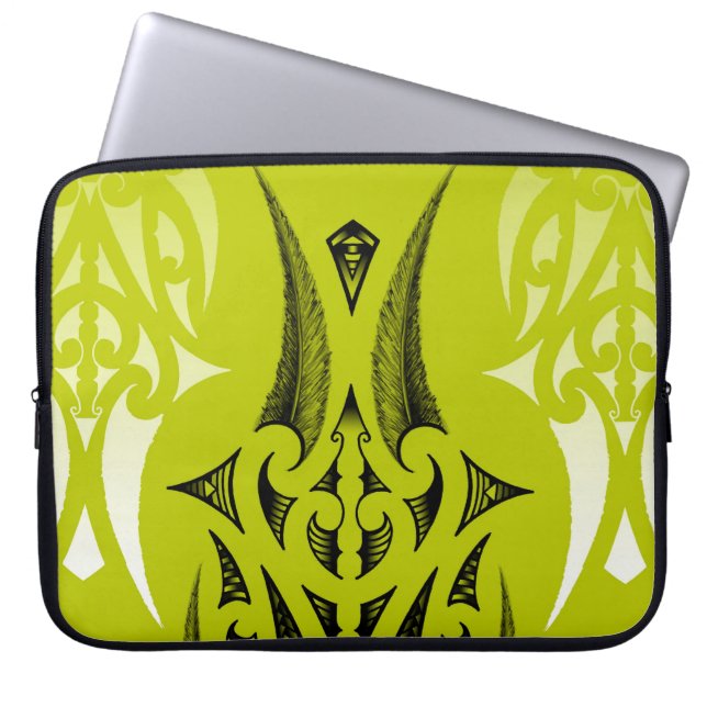 lime green tribal design with feathers laptop sleeve (Front)