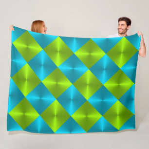 Lime Green Turquoise Blue Diamond Tile Pattern Fleece Blanket