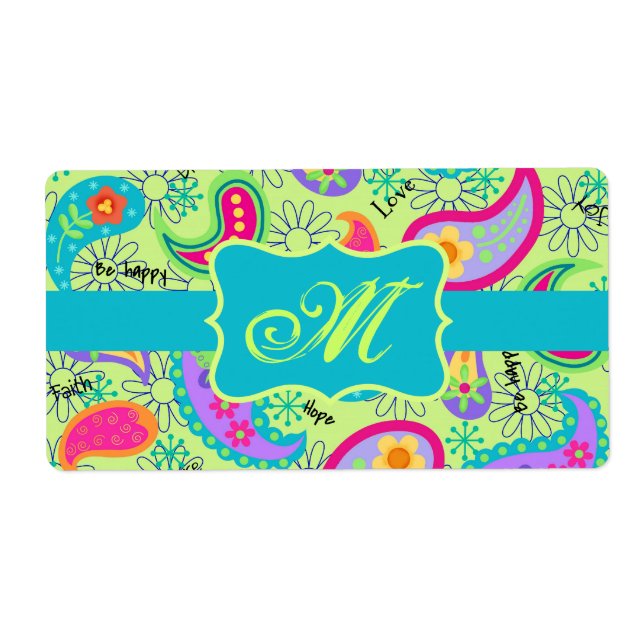 Lime Green Turquoise Modern Paisley Monogram (Front)