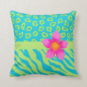 Lime Green & Turquoise Zebra & Cheetah Pink Flower Throw Pillow