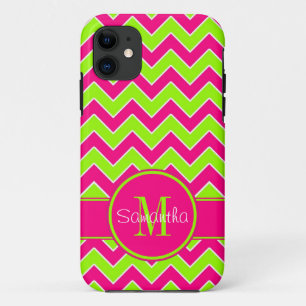 Lime Green w/ Pink Chevron Pattern Custom Monogram iPhone 11 Case