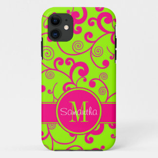 Lime Green w/ Pink Scroll Design Custom Monogram iPhone 11 Case