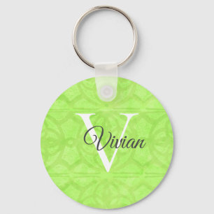 Lime Green Watercolor Monogram Name Keychain