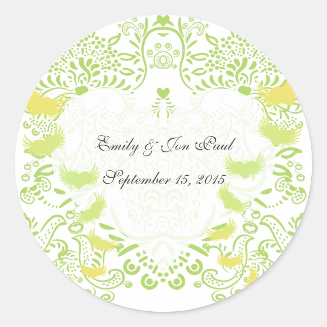 Lime Green Whimsical Love Birds Wedding Stickers (Front)