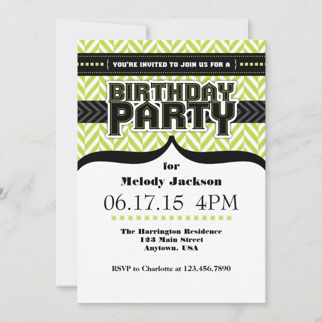 Lime Green White Black Herringbone Birthday Invite (Front)