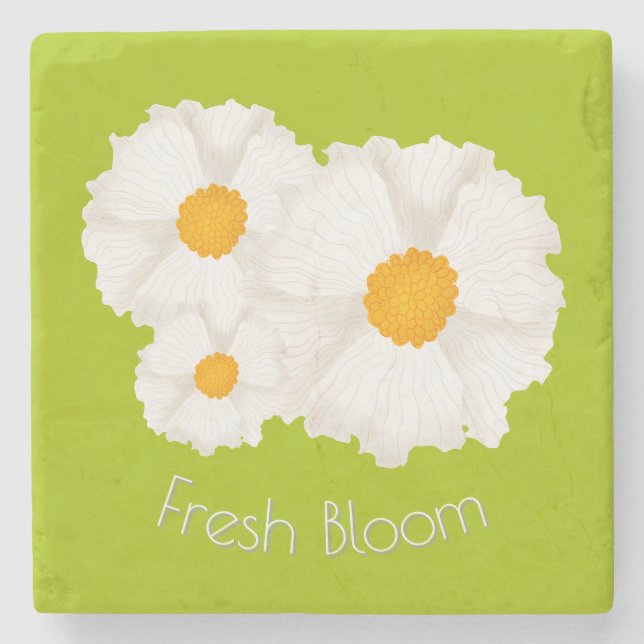 Lime Green White Floral Marble Stone Coaster (Front)