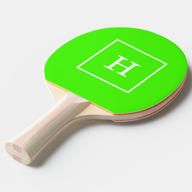Lime Green White Framed Initial Monogram Ping Pong Paddle (Front Angle)