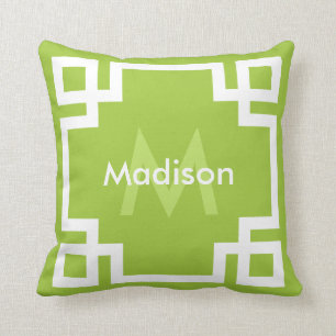 Lime Green White Greek Key Monogram Throw Pillow