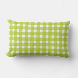 Lime Green & White Plaid Gingham Checks Lumbar Pillow