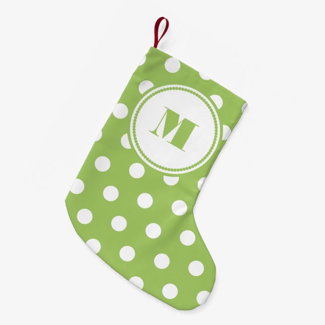 Lime Green White Polka Dots Personalized Monogram Small Christmas Stocking (Front (Hanging))
