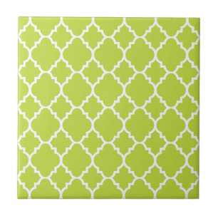 Lime Green White Quatrefoil Moroccan Pattern Tile