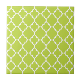 Lime Green White Quatrefoil Moroccan Pattern Tile