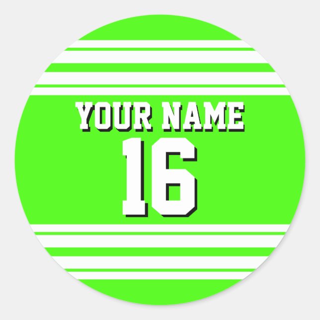 Lime Green White Team Jersey Custom Number Name Classic Round Sticker (Front)