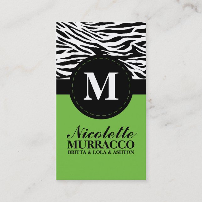 Lime Green Wild Zebra Print Mommy Calling Card / (Front)