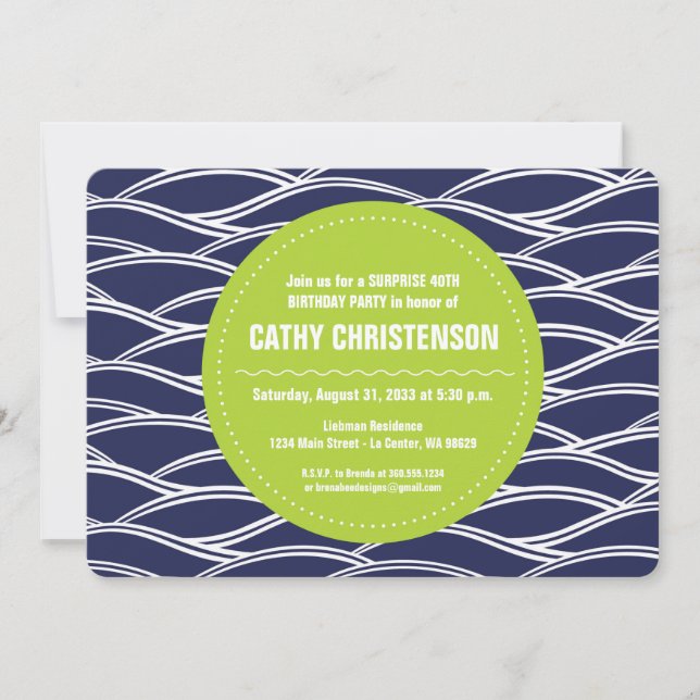 Lime Green with Navy Blue Waves Birthday Invitation (Front)