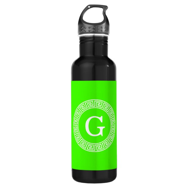 Lime Green Wt Greek Key Rnd Frame Initial Monogram 710 Ml Water Bottle (Front)
