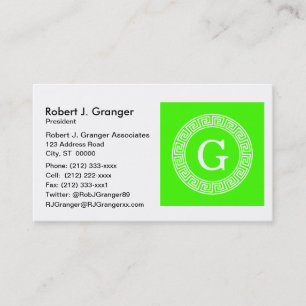 Lime Green Wt Greek Key Rnd Frame Initial Monogram Business Card