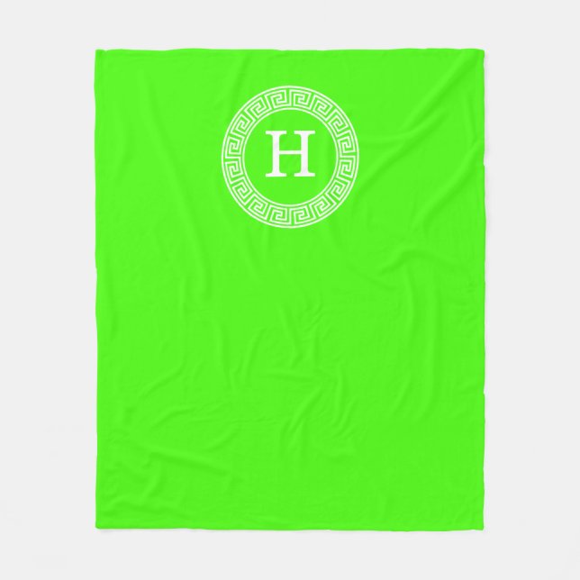 Lime Green Wt Greek Key Rnd Frame Initial Monogram Fleece Blanket (Front)