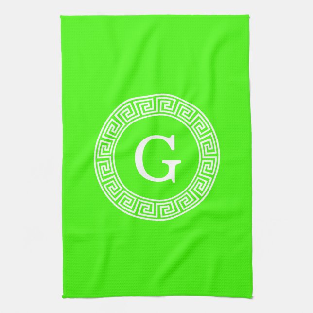Lime Green Wt Greek Key Rnd Frame Initial Monogram Kitchen Towel (Vertical)