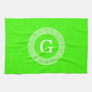 Lime Green Wt Greek Key Rnd Frame Initial Monogram Kitchen Towel