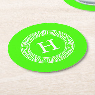 Lime Green Wt Greek Key Rnd Frame Initial Monogram Round Paper Coaster