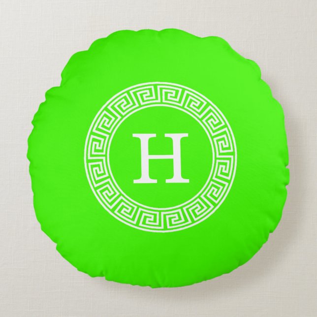 Lime Green Wt Greek Key Rnd Frame Initial Monogram Round Pillow (Front)