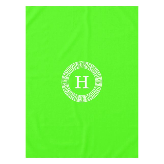 Lime Green Wt Greek Key Rnd Frame Initial Monogram Tablecloth (Front)