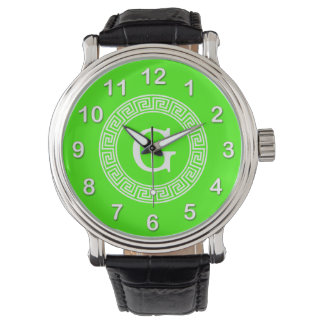 Lime Green Wt Greek Key Rnd Frame Initial Monogram Watch