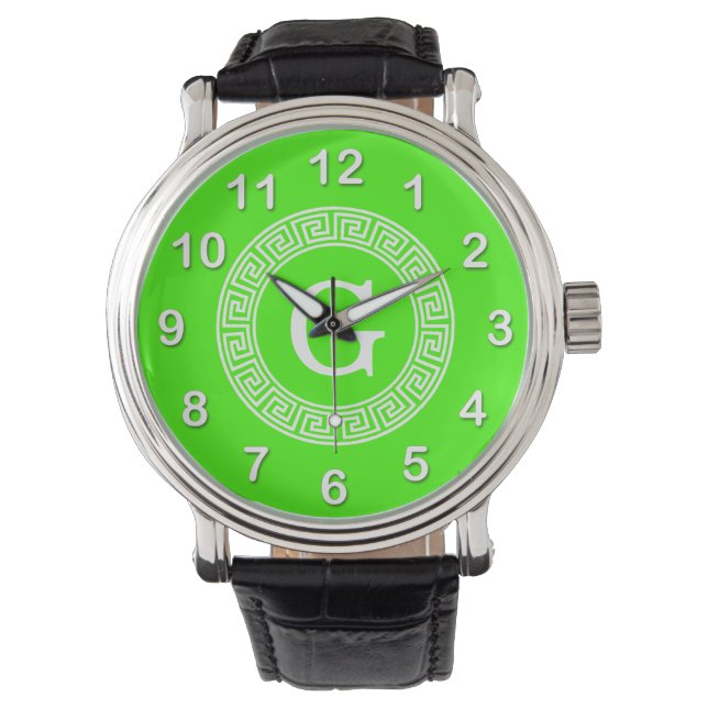 Lime Green Wt Greek Key Rnd Frame Initial Monogram Watch (Front)