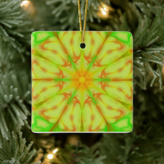 Lime Green Yellow Peach Fractal Mandala Flower Ceramic Ornament