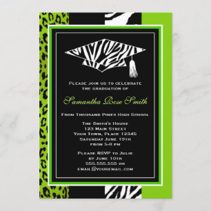 Lime Green Zebra and Leopard Print Graduation Invitation