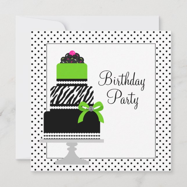 Lime Green Zebra Cake Cupcake Birthday Party Invitation (Front)