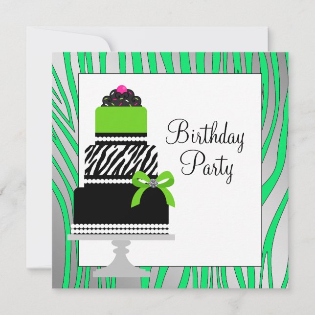 Lime Green Zebra Cake Cupcake Birthday Party Invitation (Front)
