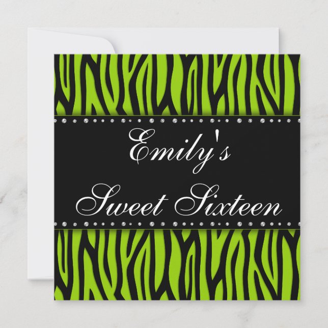 Lime Green Zebra Diamonds Sweet 16 Birthday Invitation (Front)