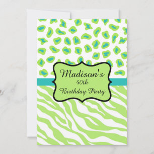 Lime Green Zebra Leopard 40th Birthday Invitation