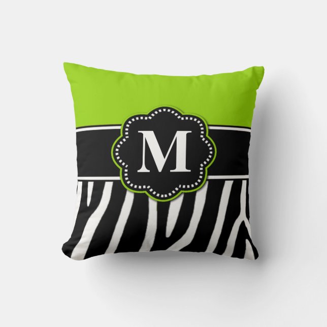 Lime Green Zebra Print Monogram Pillow (Front)
