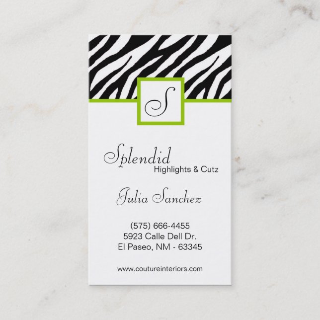 Lime Green Zebra Print Personalize Business Card (Front)