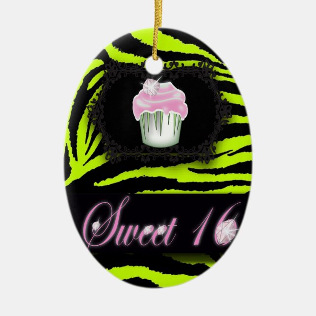 Lime green zebra print Pink Cupcake Sweet Sixteen Ceramic Ornament (Front)