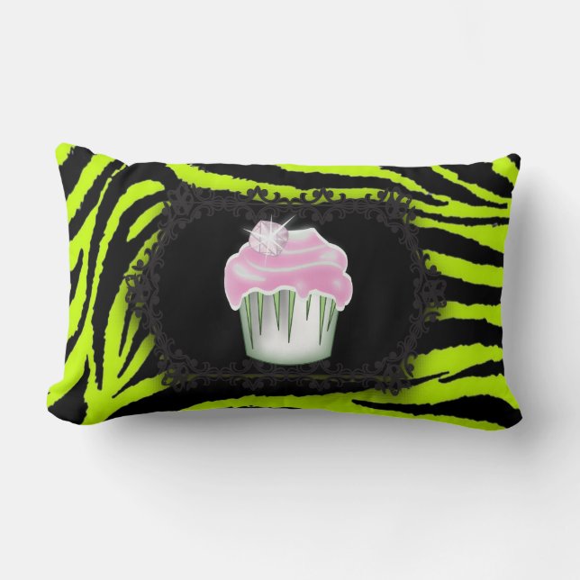 Lime green zebra print Pink Cupcake Sweet Sixteen Lumbar Pillow (Front)
