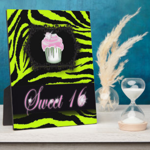 Lime green zebra print Pink Cupcake Sweet Sixteen Plaque