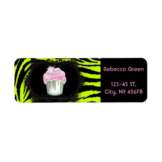 Lime green zebra print Pink Cupcake Sweet Sixteen Return Address Label