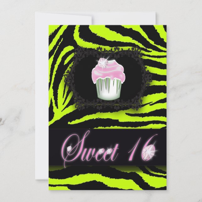 Lime Green Zebra Print Sweet 16 Party Invitation (Devant)
