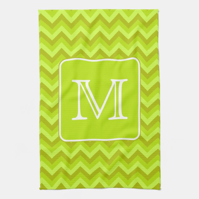 Lime Green Zigzags with Custom Monogram. Kitchen Towel (Vertical)
