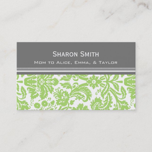 Lime Grey Damask Mom Calling Cards (Front)