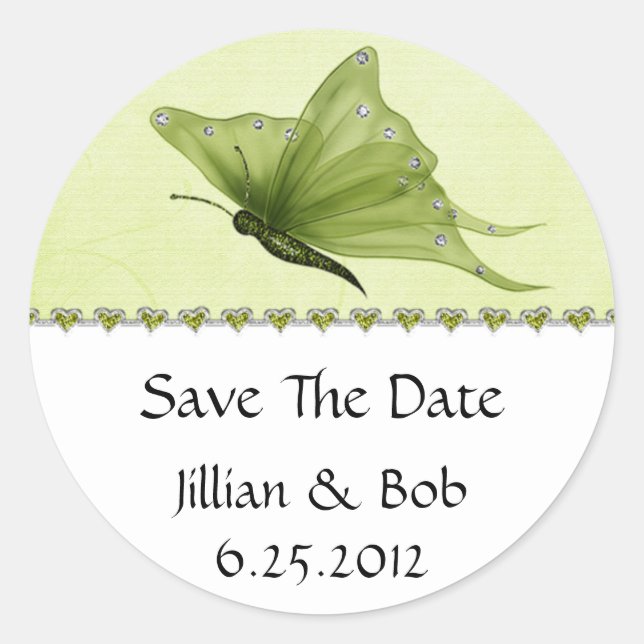 Lime Jewel Hearts Purple Butterfly Save The Date Classic Round Sticker (Front)