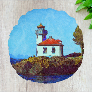 Lime Kiln Lighthouse on Friday Harbour Round Pillow